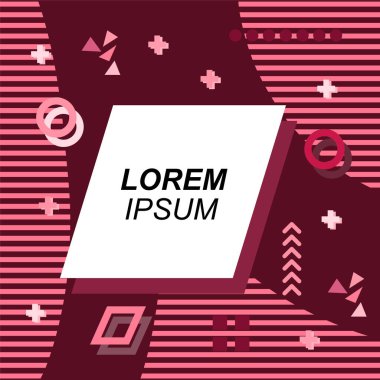 Çeşitli geometrik şekilli, süslemeli ve metin alanlı soyut arkaplan kare kartı. Geometrik memphis tarzıyla kare duvar kağıdı. Sosyal medya içeriği için kare biçiminde poster.