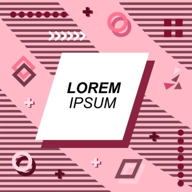 Çeşitli geometrik şekilli, süslemeli ve metin alanlı soyut arkaplan kare kartı. Geometrik memphis tarzıyla kare duvar kağıdı. Sosyal medya içeriği için kare biçiminde poster.