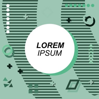 Çeşitli geometrik şekilli, süslemeli ve metin alanlı soyut arkaplan kare kartı. Geometrik memphis tarzıyla kare duvar kağıdı. Sosyal medya içeriği için kare biçiminde poster.
