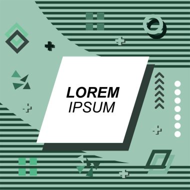 Çeşitli geometrik şekilli, süslemeli ve metin alanlı soyut arkaplan kare kartı. Geometrik memphis tarzıyla kare duvar kağıdı. Sosyal medya içeriği için kare biçiminde poster.