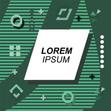 Çeşitli geometrik şekilli, süslemeli ve metin alanlı soyut arkaplan kare kartı. Geometrik memphis tarzıyla kare duvar kağıdı. Sosyal medya içeriği için kare biçiminde poster.