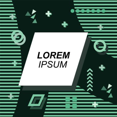Çeşitli geometrik şekilli, süslemeli ve metin alanlı soyut arkaplan kare kartı. Geometrik memphis tarzıyla kare duvar kağıdı. Sosyal medya içeriği için kare biçiminde poster.