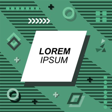 Çeşitli geometrik şekilli, süslemeli ve metin alanlı soyut arkaplan kare kartı. Geometrik memphis tarzıyla kare duvar kağıdı. Sosyal medya içeriği için kare biçiminde poster.
