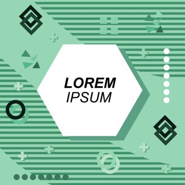 Çeşitli geometrik şekilli, süslemeli ve metin alanlı soyut arkaplan kare kartı. Geometrik memphis tarzıyla kare duvar kağıdı. Sosyal medya içeriği için kare biçiminde poster.