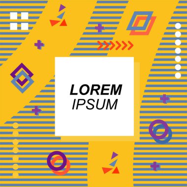 Çeşitli geometrik şekilli, süslemeli ve metin alanlı soyut arkaplan kare kartı. Geometrik memphis tarzıyla kare duvar kağıdı. Sosyal medya içeriği için kare biçiminde poster.