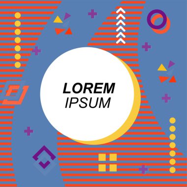 Çeşitli geometrik şekilli, süslemeli ve metin alanlı soyut arkaplan kare kartı. Geometrik memphis tarzıyla kare duvar kağıdı. Sosyal medya içeriği için kare biçiminde poster.