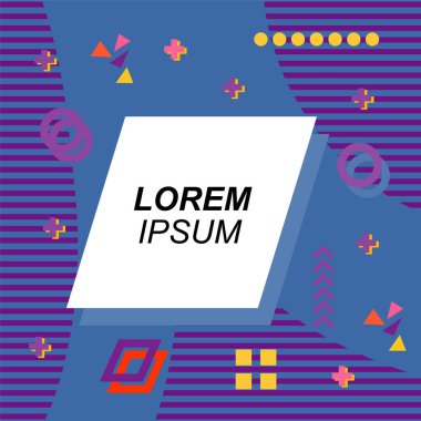 Çeşitli geometrik şekilli, süslemeli ve metin alanlı soyut arkaplan kare kartı. Geometrik memphis tarzıyla kare duvar kağıdı. Sosyal medya içeriği için kare biçiminde poster.