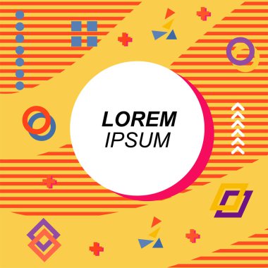 Çeşitli geometrik şekilli, süslemeli ve metin alanlı soyut arkaplan kare kartı. Geometrik memphis tarzıyla kare duvar kağıdı. Sosyal medya içeriği için kare biçiminde poster.