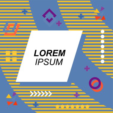 Çeşitli geometrik şekilli, süslemeli ve metin alanlı soyut arkaplan kare kartı. Geometrik memphis tarzıyla kare duvar kağıdı. Sosyal medya içeriği için kare biçiminde poster.