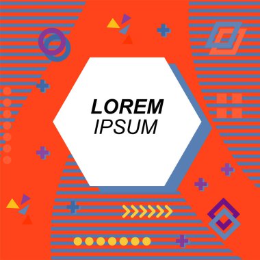 Çeşitli geometrik şekilli, süslemeli ve metin alanlı soyut arkaplan kare kartı. Geometrik memphis tarzıyla kare duvar kağıdı. Sosyal medya içeriği için kare biçiminde poster.