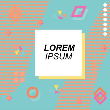 Çeşitli geometrik şekilli, süslemeli ve metin alanlı soyut arkaplan kare kartı. Geometrik memphis tarzıyla kare duvar kağıdı. Sosyal medya içeriği için kare biçiminde poster.