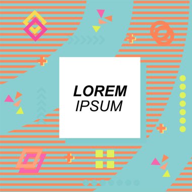 Çeşitli geometrik şekilli, süslemeli ve metin alanlı soyut arkaplan kare kartı. Geometrik memphis tarzıyla kare duvar kağıdı. Sosyal medya içeriği için kare biçiminde poster.