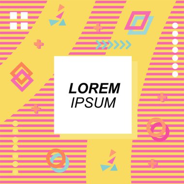 Çeşitli geometrik şekilli, süslemeli ve metin alanlı soyut arkaplan kare kartı. Geometrik memphis tarzıyla kare duvar kağıdı. Sosyal medya içeriği için kare biçiminde poster.