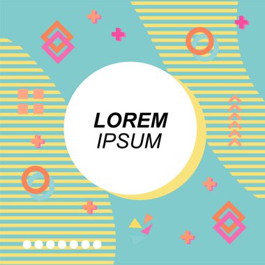 Çeşitli geometrik şekilli, süslemeli ve metin alanlı soyut arkaplan kare kartı. Geometrik memphis tarzıyla kare duvar kağıdı. Sosyal medya içeriği için kare biçiminde poster.