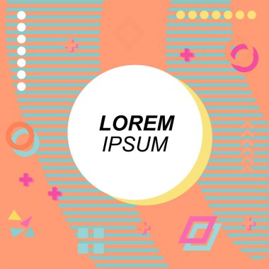 Çeşitli geometrik şekilli, süslemeli ve metin alanlı soyut arkaplan kare kartı. Geometrik memphis tarzıyla kare duvar kağıdı. Sosyal medya içeriği için kare biçiminde poster.