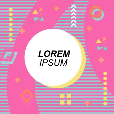 Çeşitli geometrik şekilli, süslemeli ve metin alanlı soyut arkaplan kare kartı. Geometrik memphis tarzıyla kare duvar kağıdı. Sosyal medya içeriği için kare biçiminde poster.