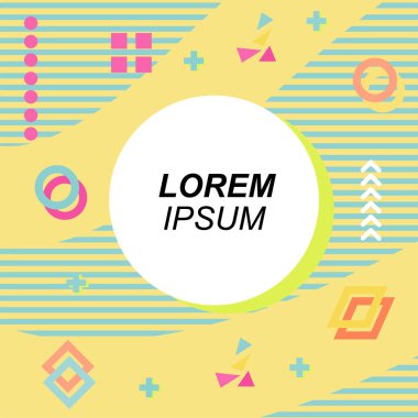 Çeşitli geometrik şekilli, süslemeli ve metin alanlı soyut arkaplan kare kartı. Geometrik memphis tarzıyla kare duvar kağıdı. Sosyal medya içeriği için kare biçiminde poster.