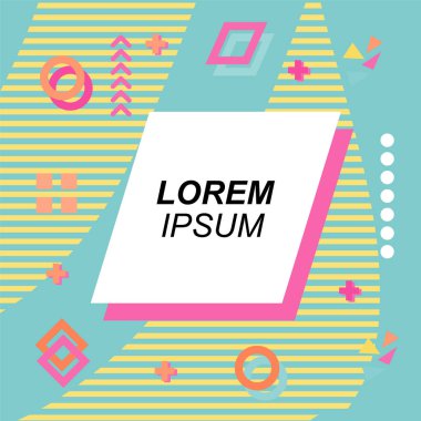 Çeşitli geometrik şekilli, süslemeli ve metin alanlı soyut arkaplan kare kartı. Geometrik memphis tarzıyla kare duvar kağıdı. Sosyal medya içeriği için kare biçiminde poster.
