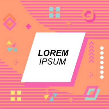 Çeşitli geometrik şekilli, süslemeli ve metin alanlı soyut arkaplan kare kartı. Geometrik memphis tarzıyla kare duvar kağıdı. Sosyal medya içeriği için kare biçiminde poster.