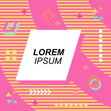 Çeşitli geometrik şekilli, süslemeli ve metin alanlı soyut arkaplan kare kartı. Geometrik memphis tarzıyla kare duvar kağıdı. Sosyal medya içeriği için kare biçiminde poster.