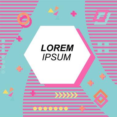 Çeşitli geometrik şekilli, süslemeli ve metin alanlı soyut arkaplan kare kartı. Geometrik memphis tarzıyla kare duvar kağıdı. Sosyal medya içeriği için kare biçiminde poster.