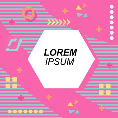 Çeşitli geometrik şekilli, süslemeli ve metin alanlı soyut arkaplan kare kartı. Geometrik memphis tarzıyla kare duvar kağıdı. Sosyal medya içeriği için kare biçiminde poster.