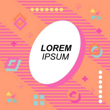 Çeşitli geometrik şekilli, süslemeli ve metin alanlı soyut arkaplan kare kartı. Geometrik memphis tarzıyla kare duvar kağıdı. Sosyal medya içeriği için kare biçiminde poster.