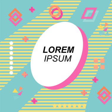Çeşitli geometrik şekilli, süslemeli ve metin alanlı soyut arkaplan kare kartı. Geometrik memphis tarzıyla kare duvar kağıdı. Sosyal medya içeriği için kare biçiminde poster.