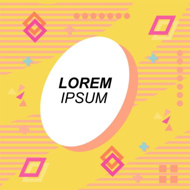 Çeşitli geometrik şekilli, süslemeli ve metin alanlı soyut arkaplan kare kartı. Geometrik memphis tarzıyla kare duvar kağıdı. Sosyal medya içeriği için kare biçiminde poster.