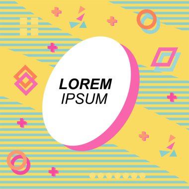 Çeşitli geometrik şekilli, süslemeli ve metin alanlı soyut arkaplan kare kartı. Geometrik memphis tarzıyla kare duvar kağıdı. Sosyal medya içeriği için kare biçiminde poster.