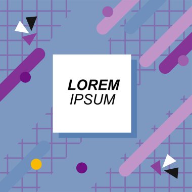 Renk çubukları ve noktaların geometrik şekilli süslemeleriyle kare şeklinde soyut bir arkaplan. Sosyal medya içeriği için metin alanı olan kare poster. Doksanlı yılların tarzında kare duvar kağıdı.