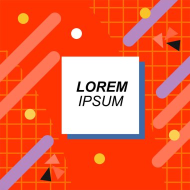 Renk çubukları ve noktaların geometrik şekilli süslemeleriyle kare şeklinde soyut bir arkaplan. Sosyal medya içeriği için metin alanı olan kare poster. Doksanlı yılların tarzında kare duvar kağıdı.