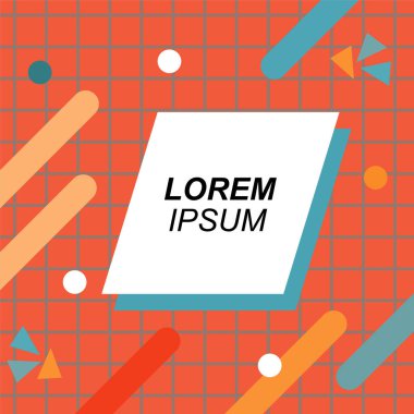 Renk çubukları ve noktaların geometrik şekilli süslemeleriyle kare şeklinde soyut bir arkaplan. Sosyal medya içeriği için metin alanı olan kare poster. Doksanlı yılların tarzında kare duvar kağıdı.