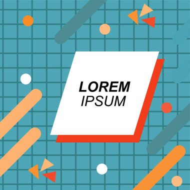 Renk çubukları ve noktaların geometrik şekilli süslemeleriyle kare şeklinde soyut bir arkaplan. Sosyal medya içeriği için metin alanı olan kare poster. Doksanlı yılların tarzında kare duvar kağıdı.