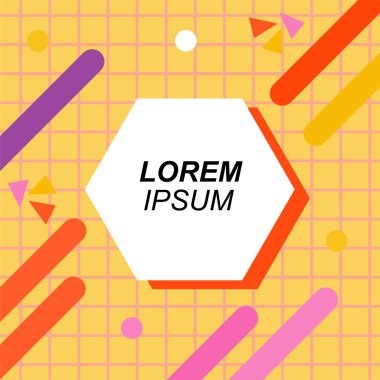 Renk çubukları ve noktaların geometrik şekilli süslemeleriyle kare şeklinde soyut bir arkaplan. Sosyal medya içeriği için metin alanı olan kare poster. Doksanlı yılların tarzında kare duvar kağıdı.