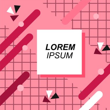 Renk çubukları ve noktaların geometrik şekilli süslemeleriyle kare şeklinde soyut bir arkaplan. Sosyal medya içeriği için metin alanı olan kare poster. Doksanlı yılların tarzında kare duvar kağıdı.