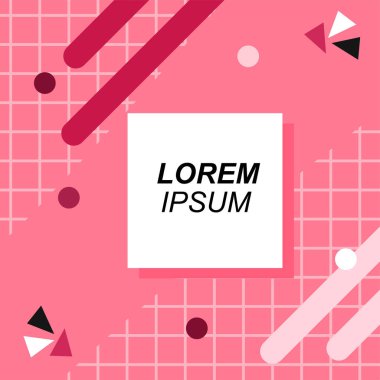 Renk çubukları ve noktaların geometrik şekilli süslemeleriyle kare şeklinde soyut bir arkaplan. Sosyal medya içeriği için metin alanı olan kare poster. Doksanlı yılların tarzında kare duvar kağıdı.