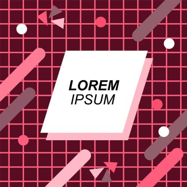 Renk çubukları ve noktaların geometrik şekilli süslemeleriyle kare şeklinde soyut bir arkaplan. Sosyal medya içeriği için metin alanı olan kare poster. Doksanlı yılların tarzında kare duvar kağıdı.