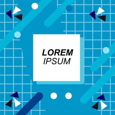 Renk çubukları ve noktaların geometrik şekilli süslemeleriyle kare şeklinde soyut bir arkaplan. Sosyal medya içeriği için metin alanı olan kare poster. Doksanlı yılların tarzında kare duvar kağıdı.