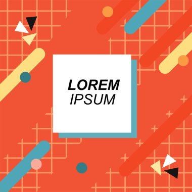 Renk çubukları ve noktaların geometrik şekilli süslemeleriyle kare şeklinde soyut bir arkaplan. Sosyal medya içeriği için metin alanı olan kare poster. Doksanlı yılların tarzında kare duvar kağıdı.