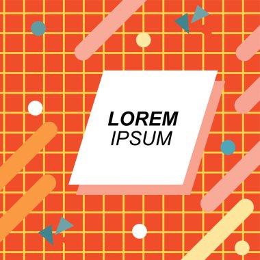 Renk çubukları ve noktaların geometrik şekilli süslemeleriyle kare şeklinde soyut bir arkaplan. Sosyal medya içeriği için metin alanı olan kare poster. Doksanlı yılların tarzında kare duvar kağıdı.