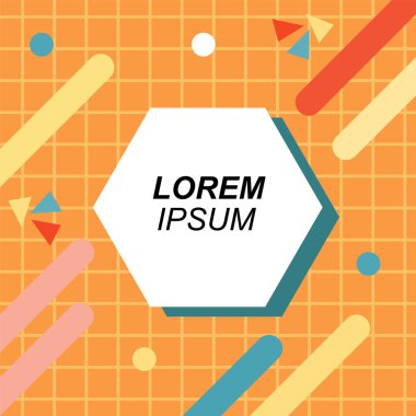 Renk çubukları ve noktaların geometrik şekilli süslemeleriyle kare şeklinde soyut bir arkaplan. Sosyal medya içeriği için metin alanı olan kare poster. Doksanlı yılların tarzında kare duvar kağıdı.