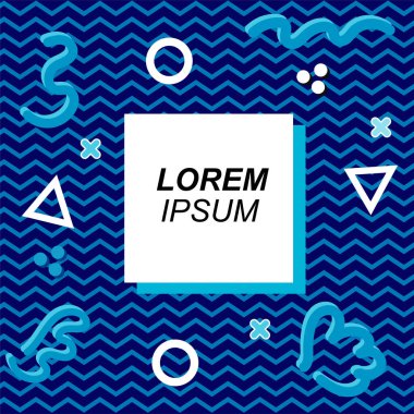 Çeşitli geometrik ve organik şekilli süslemeleri olan soyut arkaplan kare kartı. Sosyal medya içeriği için metin alanı olan kare poster. Geometrik memphis tarzıyla kare duvar kağıdı.