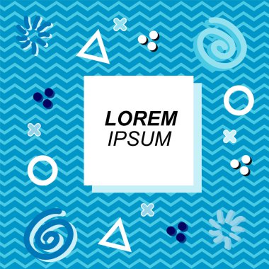 Çeşitli geometrik ve organik şekilli süslemeleri olan soyut arkaplan kare kartı. Sosyal medya içeriği için metin alanı olan kare poster. Geometrik memphis tarzıyla kare duvar kağıdı.