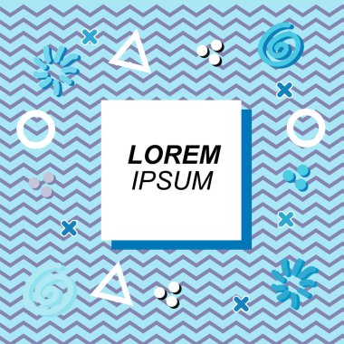Çeşitli geometrik ve organik şekilli süslemeleri olan soyut arkaplan kare kartı. Sosyal medya içeriği için metin alanı olan kare poster. Geometrik memphis tarzıyla kare duvar kağıdı.