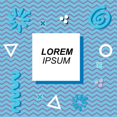 Çeşitli geometrik ve organik şekilli süslemeleri olan soyut arkaplan kare kartı. Sosyal medya içeriği için metin alanı olan kare poster. Geometrik memphis tarzıyla kare duvar kağıdı.