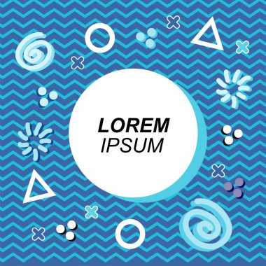 Çeşitli geometrik ve organik şekilli süslemeleri olan soyut arkaplan kare kartı. Sosyal medya içeriği için metin alanı olan kare poster. Geometrik memphis tarzıyla kare duvar kağıdı.