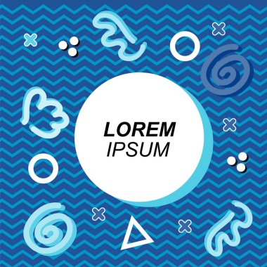 Çeşitli geometrik ve organik şekilli süslemeleri olan soyut arkaplan kare kartı. Sosyal medya içeriği için metin alanı olan kare poster. Geometrik memphis tarzıyla kare duvar kağıdı.