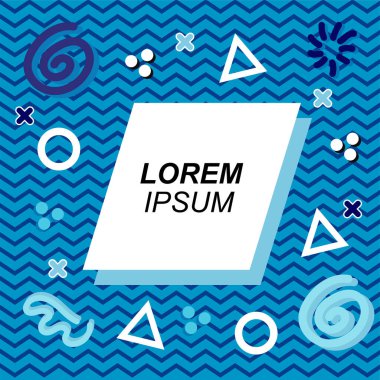 Çeşitli geometrik ve organik şekilli süslemeleri olan soyut arkaplan kare kartı. Sosyal medya içeriği için metin alanı olan kare poster. Geometrik memphis tarzıyla kare duvar kağıdı.