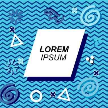 Çeşitli geometrik ve organik şekilli süslemeleri olan soyut arkaplan kare kartı. Sosyal medya içeriği için metin alanı olan kare poster. Geometrik memphis tarzıyla kare duvar kağıdı.